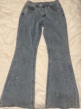 Women's Light Blue Flared Jeans with Rhinestone Detail